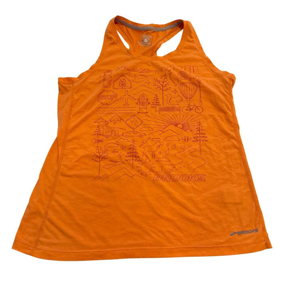 Brooks orange active tank top w nature scenes outdoorsy sz M colorful activewr‎